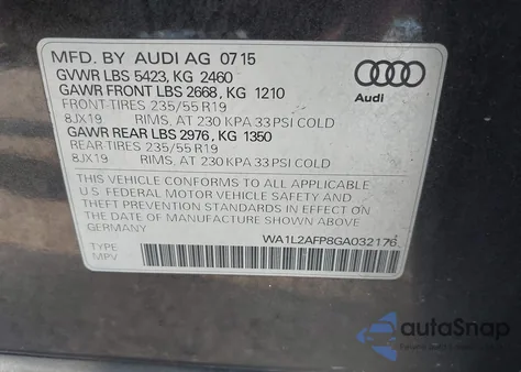 2016 Audi Q5 2.0T Premium z USA, uszkodzony, nr VIN WA1L2AFP8GA032176